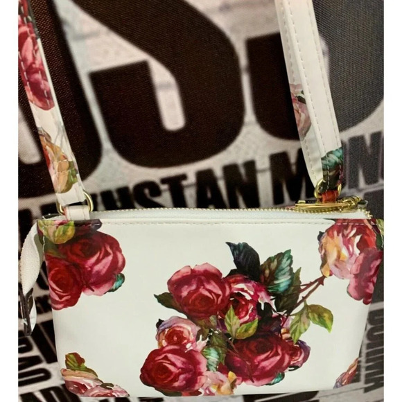 Juicy Couture White Rose Print Petite Pleated Front Top Zip Crossbody Handbag - Picture 4 of 5